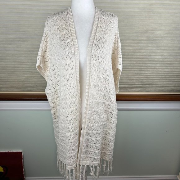 LA Hearts Cotton Linen Crochet Open Knit Open Front Longline Fringed Cardigan - Picture 1 of 16